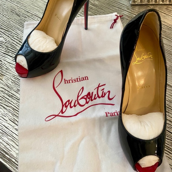 AUTHENTIC CHRISTIAN LOUBOUTIN NEW VERY PRIVE 120 BLACK PATENT HEELS OPEN TOE - Picture 15 of 16